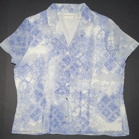 Alfred Dunner Womens Blue and White Short Sleeve Button Up Blouse Size 12 - Picture 1 of 12